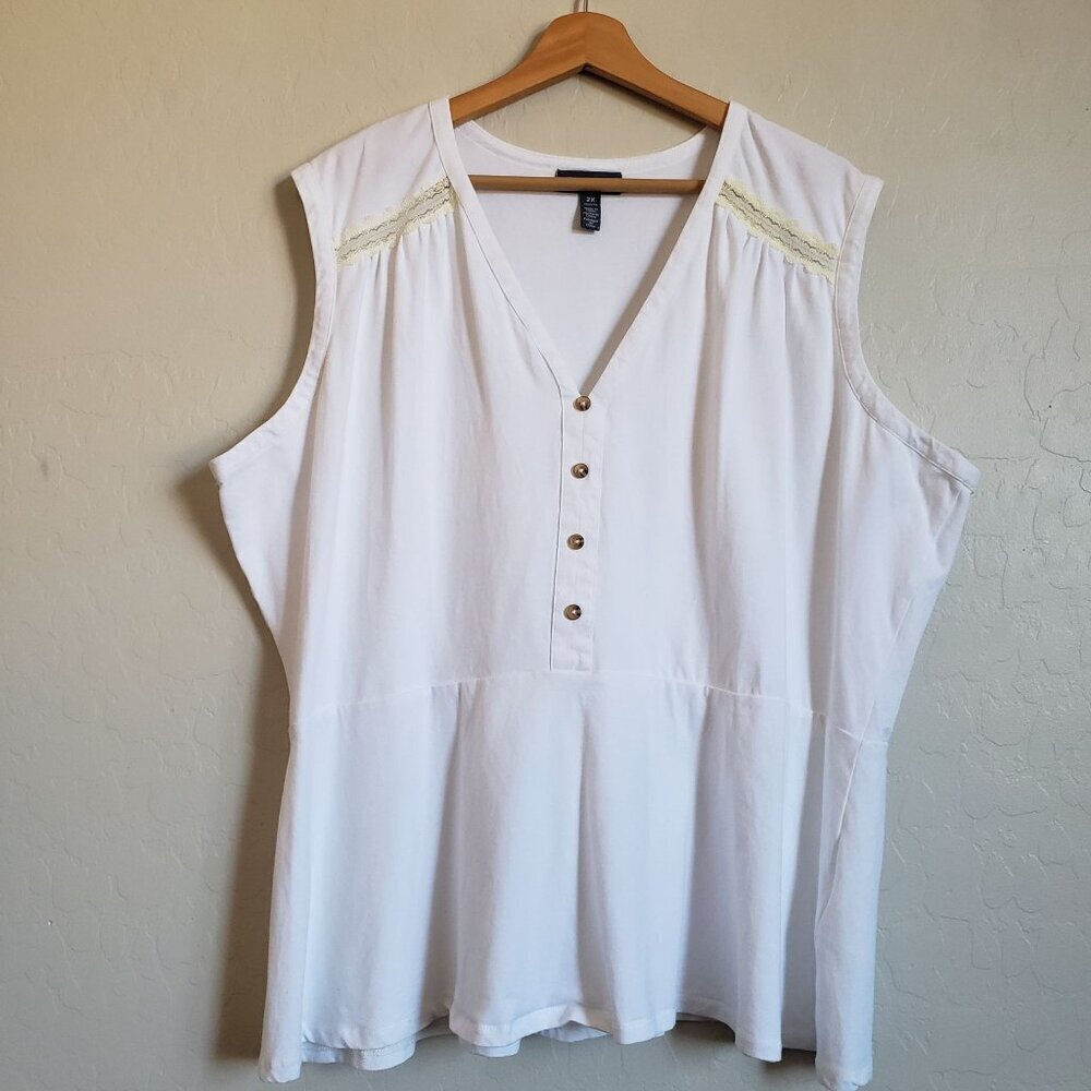 Modcloth Organic Cotton Sleeveless V-Neck Top Lace Detail White Size Women's 2X